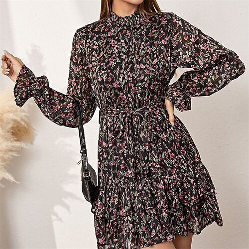 

Vestido camisero para mujer, vestido acampanado, minivestido corto, negro, manga larga, estampado floral, Otoño Invierno, cuello levantado, moda moderna 2022 xl