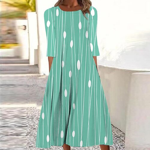 

Women's Casual Dress Shift Dress Midi Dress Green 3/4 Length Sleeve Line Ruched Print Fall Winter Round Neck Vacation Casual 2022 S M L XL XXL 3XL