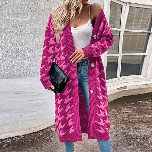 

Women's Cardigan Sweater Jumper Ribbed Knit Tunic Button Knitted Houndstooth V Neck Stylish Elegant Outdoor Daily Winter Fall Fuchsia Gray S M L / Long Sleeve / Holiday / Casual / Regular Fit