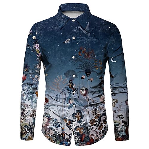 

Men's Shirt Graphic Shirt Floral Turndown Blue 3D Print Outdoor Street Button-Down Print Clothing Apparel Fashion Designer Casual Breathable / Long Sleeve / Long Sleeve