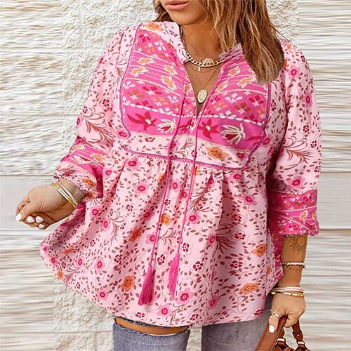 

Women's Plus Size Tops Blouse Shirt Floral Print Long Sleeve V Neck Vintage Casual Daily Going out Polyester Fall Winter Blue Pink