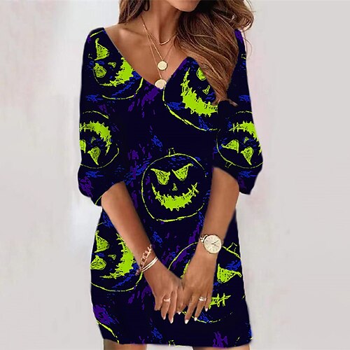 

Women's Shift Dress Sweat Dress Short Mini Dress Green Yellow 3/4 Length Sleeve Pumpkin Print Fall Winter V Neck Vacation Casual Halloween 2022 S M L XL XXL 3XL