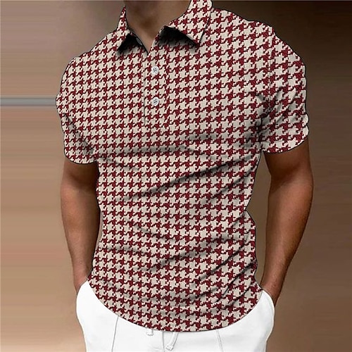 

Men's Collar Polo Shirt Golf Shirt Houndstooth Turndown Blue Red Black 3D Print Outdoor Street Short Sleeves Button-Down Print Clothing Apparel Fashion Designer Casual Breathable / Summer / Spring