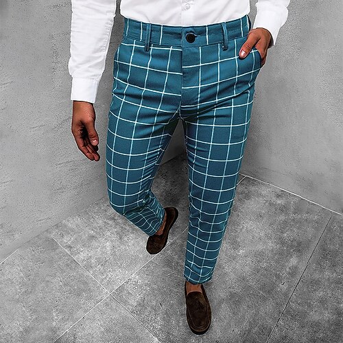 

Men's Chinos Trousers Pencil Pants Jogger Pants Plaid Dress Pants Lattice Blue