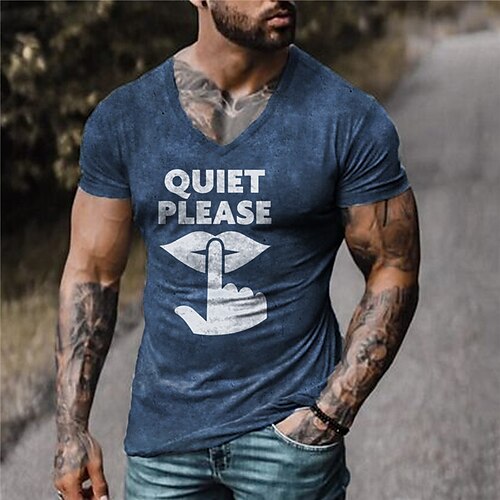

Men's Unisex T shirt Tee Letter Graphic Prints Mouth V Neck Blue Short Sleeve 3D Print Outdoor Street Print Tops Sports Designer Casual Big and Tall / Summer / Summer