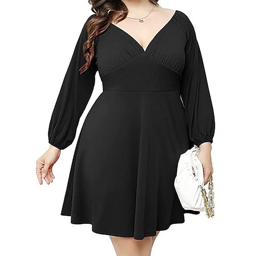 

Women's Plus Size Work Dress Solid Color V Neck Ruched Long Sleeve Fall Winter Work Formal Short Mini Dress Formal Work Dress