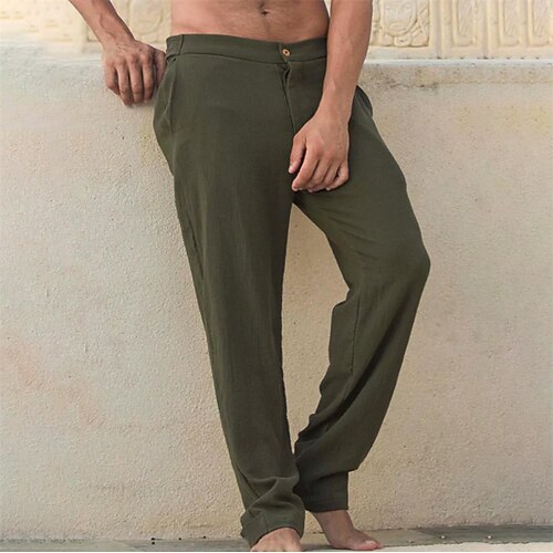 

Men's Linen Pants Trousers Casual Pants Pocket Solid Color Comfort Breathable Casual Daily Streetwear Cotton Blend Sports Fashion Green Micro-elastic