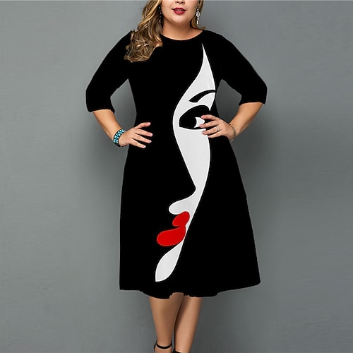 

Women's Plus Size Work Dress Abstract Crew Neck 3/4 Length Sleeve Fall Winter Work Elegant Midi Dress Formal Going out Dress