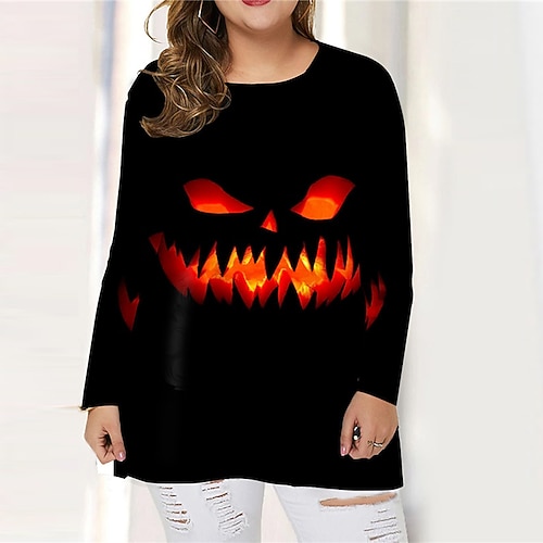 

Women's Plus Size Tops T shirt Tee Pumpkin Print Long Sleeve Crewneck Casual Festival Halloween Halloween Daily Cotton Spandex Jersey Fall Winter Yellow Red / 3D Print
