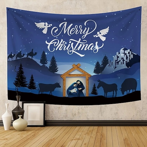 

Christmas Party Wall Tapestry Holiday Jesus Nativity Snowflakes Manger Tree Gift Art DecorPhotography Background Hanging Home Bedroom Living Room Decoration