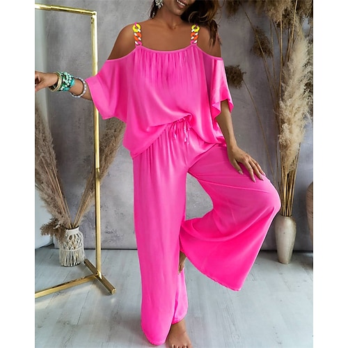 

Women's Loungewear Sets Nighty 2 Pieces Pure Color Fashion Comfort Soft Home Daily Going out Polyester Breathable Straps Half Sleeve Shirt Pant Fall Spring Fuchsia