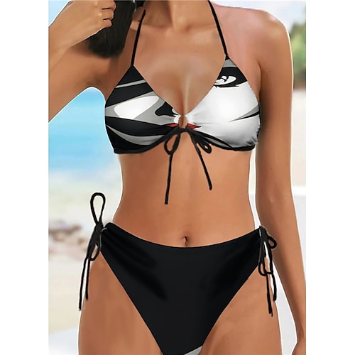 

Women's Swimwear Bikini 2 Piece Normal Swimsuit Halter Open Back Printing Abstract Black Halter V Wire Bathing Suits Sexy Vacation Fashion / Spandex / Modern / New