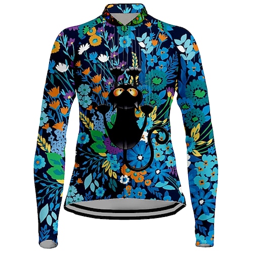 

21Grams Women's Cycling Jersey Long Sleeve Bike Top with 3 Rear Pockets Mountain Bike MTB Road Bike Cycling Breathable Quick Dry Moisture Wicking Reflective Strips Blue Cat Floral Botanical Polyester