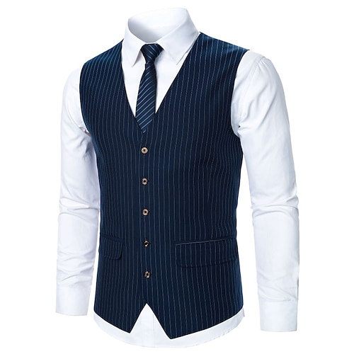 

Men's Vest Formal Office Casual Spring Fall Short Coat Regular Fit Warm Formal Style Casual Casual Daily Jacket Sleeveless non-printing Stripe Slim Fit Navy Blue