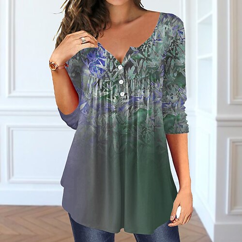 

Women's T shirt Tee Tunic Yellow Pink Blue Floral Button Flowing tunic Long Sleeve Casual Weekend Basic Round Neck Regular Floral Painting S