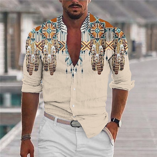 

Hombre Camisa Camisa gráfica Geometría Escote Chino Blanco Azul Piscina Marrón Caqui Impresión 3D Exterior Casual Manga Larga Abotonar Estampado Ropa Design Estilo Étnico Vintage Casual