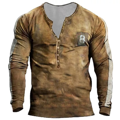 

Men's Henley Shirt Tribal Henley Casual Daily Button-Down Print Long Sleeve Tops Casual Fashion Retro Comfortable Khaki