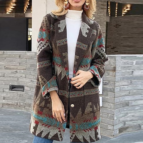 

Women's Winter Coat Warm Breathable Outdoor Daily Wear Vacation Going out Pocket Print Single Breasted Turndown Casual Lady Comfortable Street Style Geometric Regular Fit Outerwear Long Sleeve Winter