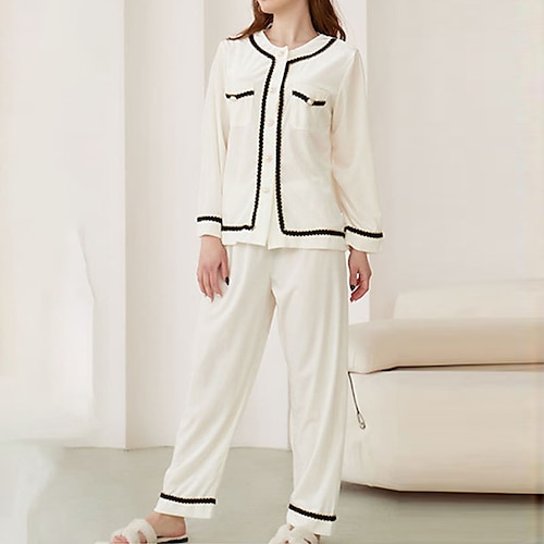 

Women's Loungewear Sets 2 Pieces Color Combo Fashion Comfort Home Vacation Polyester Crew Neck Long Sleeve Pant Pocket Elastic Waist Winter Fall Purple White