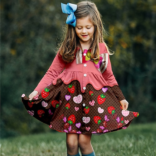 

Kids Girls' Dress Strawberry Shift Dress Above Knee Dress Daily Print Long Sleeve Cute Dress 3-10 Years Winter Pink