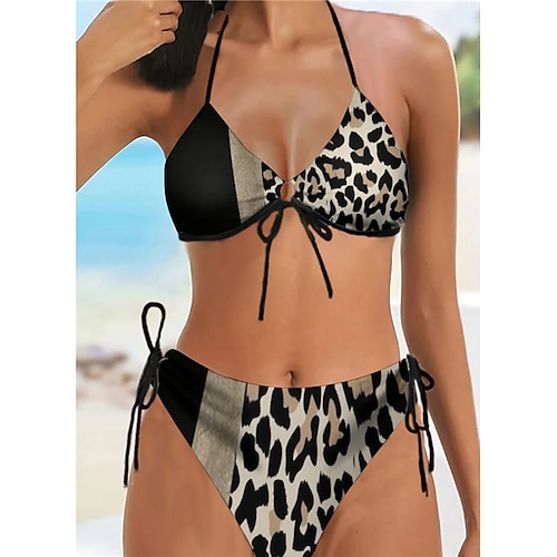 

Women's Swimwear Bikini 2 Piece Normal Swimsuit Halter Open Back Printing Leopard Yellow Khaki Halter V Wire Bathing Suits Sexy Vacation Fashion / Spandex / Modern / New