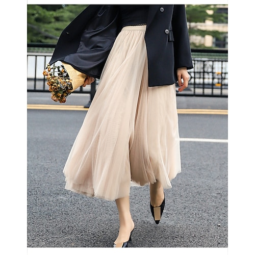 

Women's Skirt Swing Midi Polyester Pink Light Brown Dusty Blue Beige Skirts All Seasons Ruched Layered Lined Elegant Long Daily Holiday S M L
