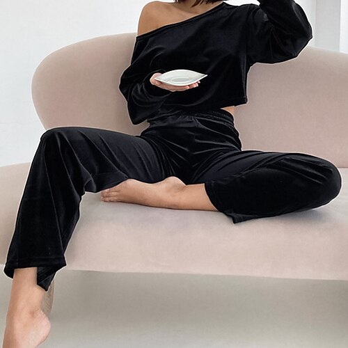 

Women's Loungewear Sets 2 Pieces Pure Color Fashion Comfort Soft Home Street Daily Velvet Breathable Crew Neck Long Sleeve T shirt Tee Pant Elastic Waist Fall Spring Black