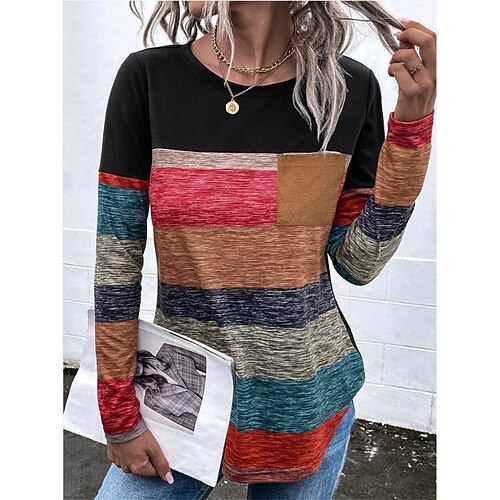 

Women's T shirt Tee Blue Red Rainbow Patchwork Print Long Sleeve Casual Daily Basic Round Neck Regular S / 3D Print