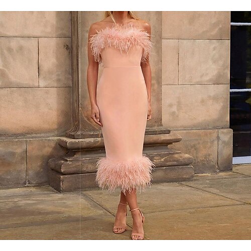 

Women's Feather Dress Sheath Dress Midi Dress Black Pink White Sleeveless Pure Color Patchwork Winter Autumn Strapless Fashion Wedding Guest Slim 2022 S M L