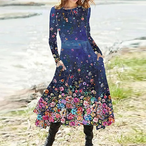 

Women's Casual Dress Swing Dress Long Dress Maxi Dress Green Navy Blue Long Sleeve Floral Pocket Winter Fall Autumn Winter Dress Fall Dress 2022 S M L XL XXL 3XL