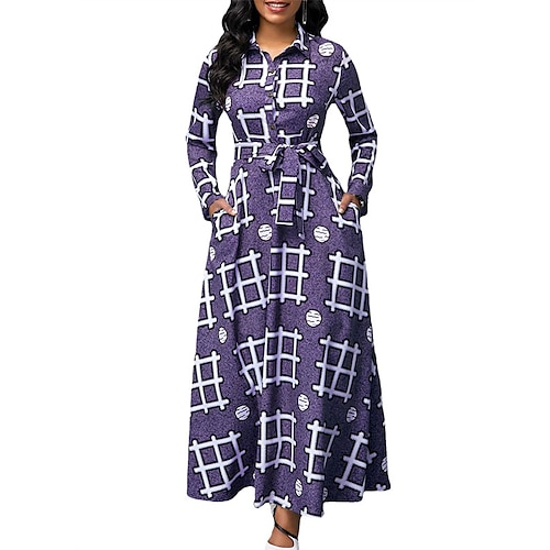 

Women's Party Dress Swing Dress Long Dress Maxi Dress Blue Long Sleeve Geometric With Belt Winter Fall Autumn Shirt Collar Fashion Party Winter Dress Fall Dress 2022 S M L XL 2XL 3XL 4XL 5XL