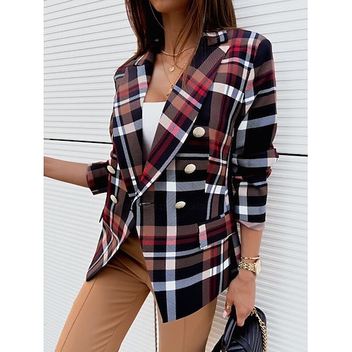 

Women's Blazer Comfortable Daily Wear Going out Print Double Breasted Turndown Fashion Lady Lattice Regular Fit Outerwear Long Sleeve Winter Fall Blue Khaki Red S M L XL XXL