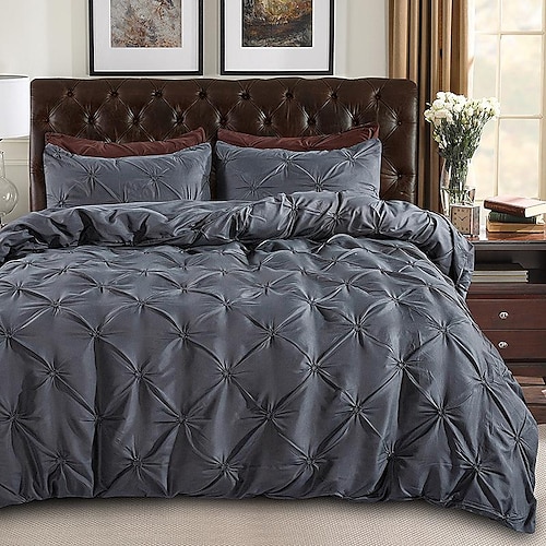 

3 Piece Luxurious Pinch Pleated Duvet Cover with Zipper & Corner Ties Microfiber Pintuck Duvet Cover Set