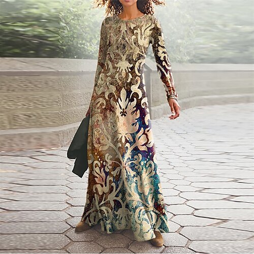 

Women's Casual Dress A Line Dress Maxi long Dress Green Purple Yellow Long Sleeve Floral Pocket Print Fall Winter V Neck Vacation Casual 2022 S M L XL XXL 3XL