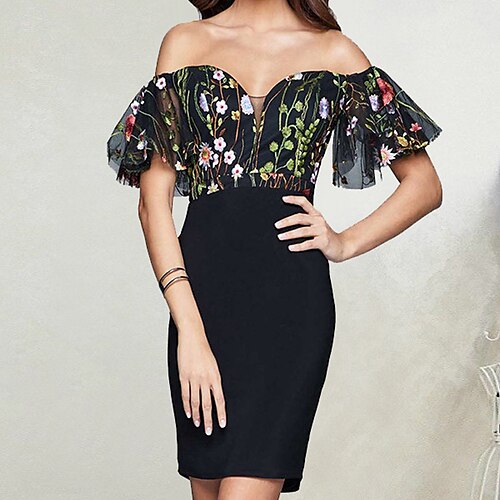 

Women's Party Dress Sheath Dress Short Mini Dress Black Short Sleeve Floral Print Fall Winter Round Neck Fashion Party 2022 S M L XL