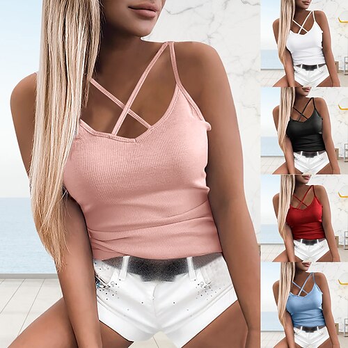 

Women's Spaghetti Strap Yoga Top Tank Top Criss Cross Solid Color White Black Spandex Yoga Fitness Gym Workout Top Sleeveless Sport Activewear Breathable Quick Dry Lightweight Stretchy Slim / Cotton