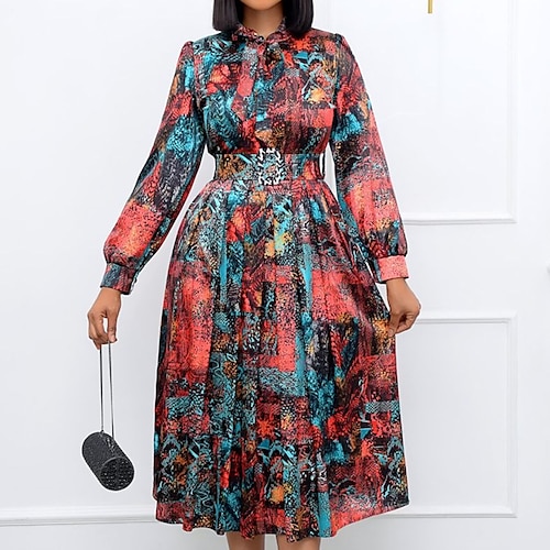 

Women's Plus Size A Line Dress Print Shirt Collar Long Sleeve Fall Winter Stylish Maxi long Dress Vacation Going out Dress