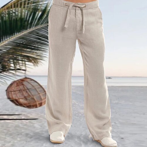 

Men's Linen Pants Trousers Casual Pants Pocket Drawstring Straight Leg Solid Colored Comfort Soft Daily Holiday Streetwear Linen / Cotton Blend Streetwear Stylish Beige Micro-elastic / Spring