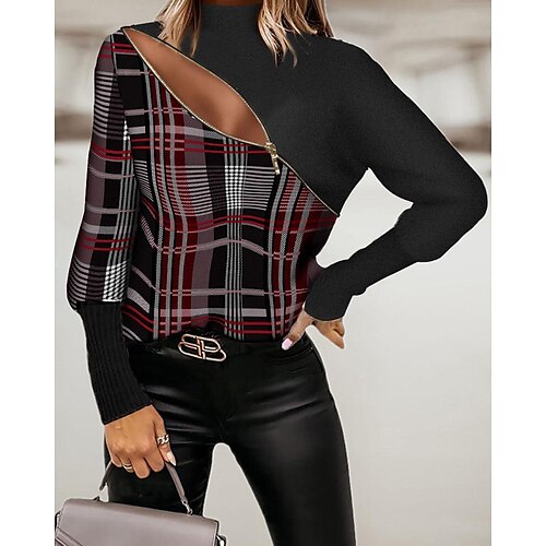

2022 cross-border autumn and winter new amazon independent station european and american plaid zipper long-sleeved sweater spot