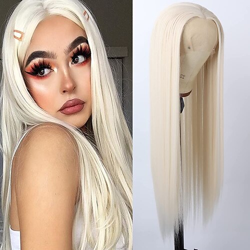 

#60 Platinum Blonde Lace Front Wig Long Straight 13 2.5 Synthetic Glueless Heat Resistant Fiber Hair Synthetic Lace Front Wigs for Fashion Women