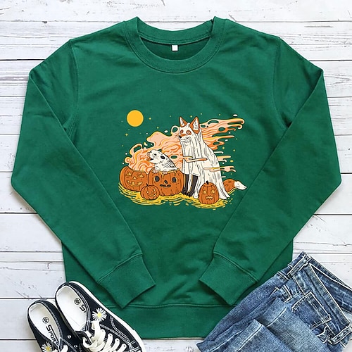 

Women's Plus Size Tops Pullover Sweatshirt Dog Pumpkin Print Long Sleeve Crewneck Casual Halloween Halloween Spirit Halloween Cotton Fall Winter Green White / Moon