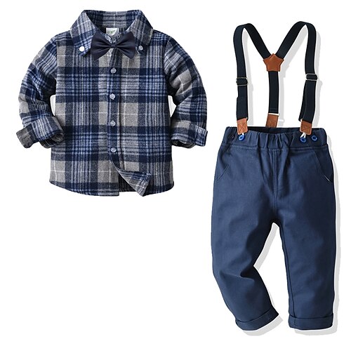 

2 Pieces Kids Boys Shirt & Pants Clothing Set Outfit Plaid Long Sleeve Cotton Set Formal Gentle Fall Spring 2-6 Years Blue