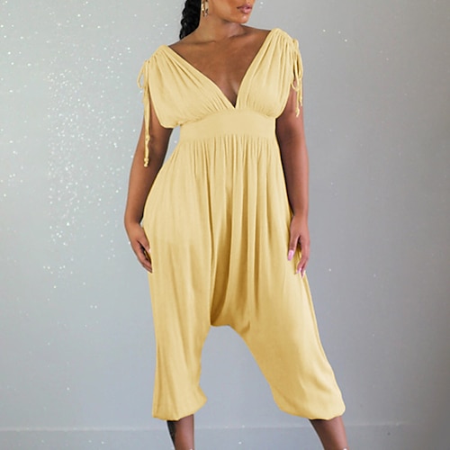 

Women's Jumpsuit Pleated Drawstring Solid Color V Neck Streetwear Street Daily Regular Fit Short Sleeve Khaki Apricot Black S M L Winter