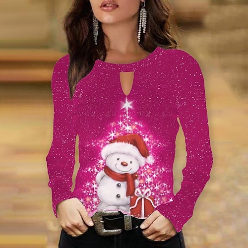 

Women's Blouse Shirt Green Blue Purple Snowman Christmas Tree Print Long Sleeve Christmas Weekend Streetwear Casual Round Neck Regular S / 3D Print