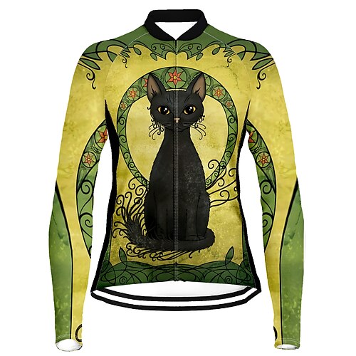 

21Grams Women's Cycling Jersey Long Sleeve Bike Top with 3 Rear Pockets Mountain Bike MTB Road Bike Cycling Breathable Quick Dry Moisture Wicking Reflective Strips Green Cat Polyester Spandex Sports