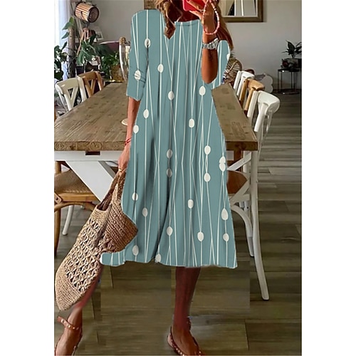 

Women's Casual Dress Shift Dress Midi Dress Blue 3/4 Length Sleeve Geometric Ruched Print Fall Winter Round Neck Vacation Casual 2022 S M L XL XXL 3XL