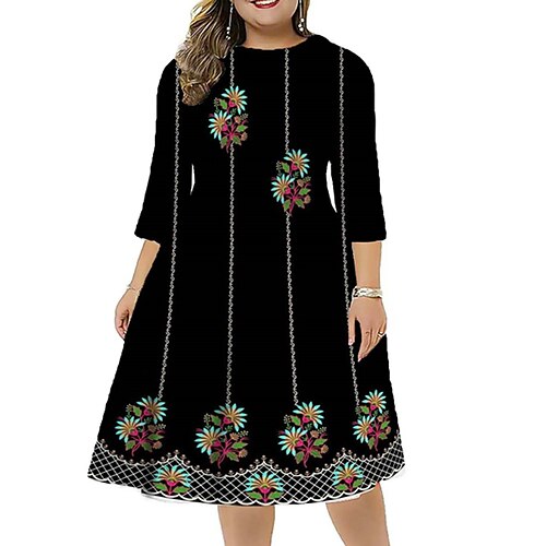 

Women's Plus Size Work Dress Floral Round Neck 3/4 Length Sleeve Fall Winter Stylish Work Midi Dress Vacation Going out Dress