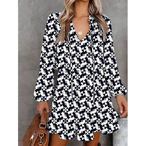 

Women's Casual Dress A Line Dress Short Mini Dress Green White Black Yellow Red Long Sleeve Leopard Geometric Color Block Ruffle Print Fall Winter V Neck Vacation Boho Casual 2022 S M L XL