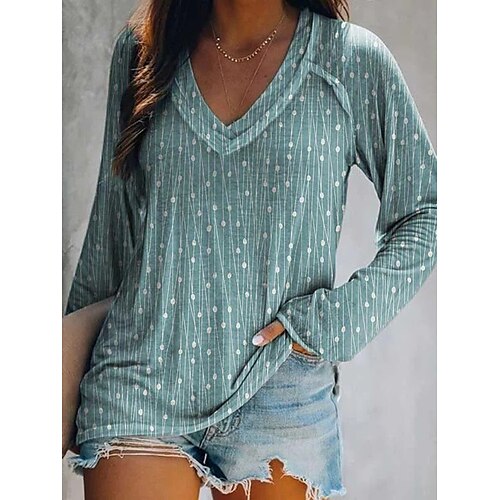 

Women's T shirt Tee Blue Khaki Floral Polka Dot Print Long Sleeve Daily Weekend Basic V Neck Regular Floral Painting S / 3D Print