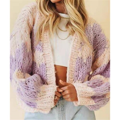 

Women's Cardigan Sweater Jumper Crochet Knit Knitted Geometric Open Front Stylish Casual Outdoor Daily Lantern Sleeve Winter Fall Purple One-Size / Long Sleeve / Holiday / Regular Fit / Going out